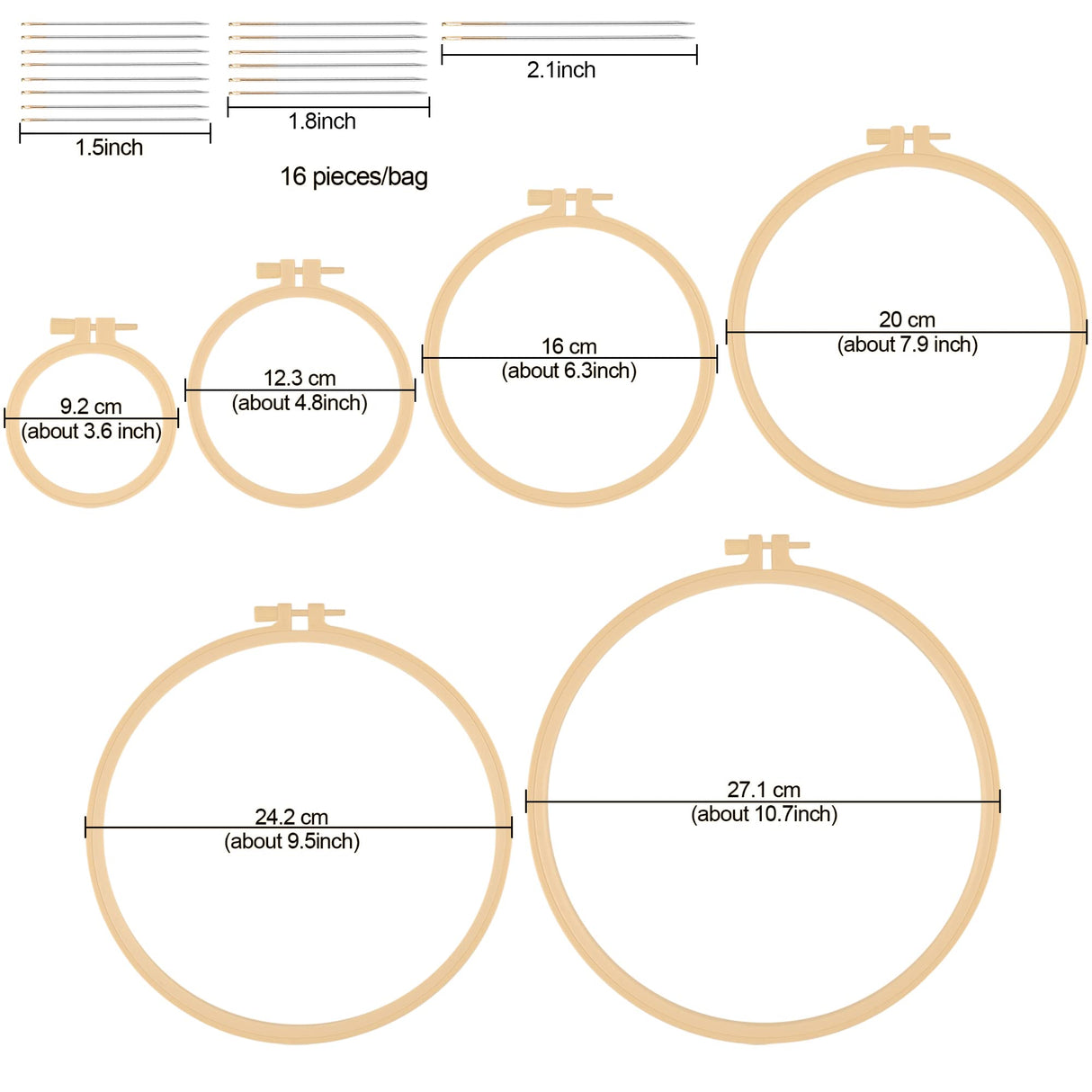 6 Pcs Embroidery Hoop 6 Size, Round Plastic Cross Stitch Hoop with 16 Needles (3.6In to 10.7 in), Small Embroidery Hoop, Cross Stitch Hoops and Frames, Suitable for Embroidery, Craft Sewing Phinus