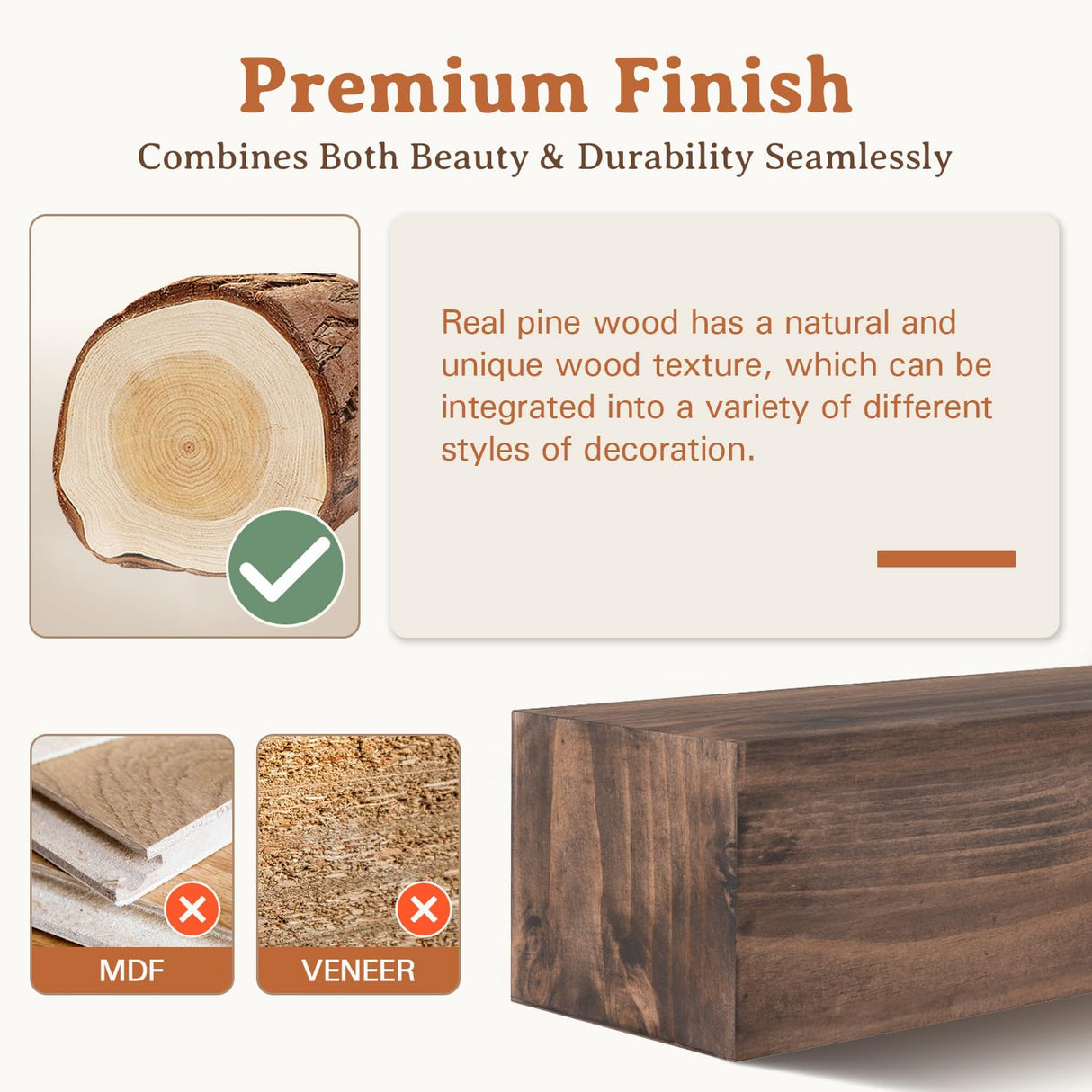 Fireplace Mantel, 60 Inches Hollow Wood Mantel with Invisible Heavy Duty Wood Bracket, Faux Fireplace Mantel for Over Fireplace, Rustic Floating Shelves for Wall, Brown Weyderk