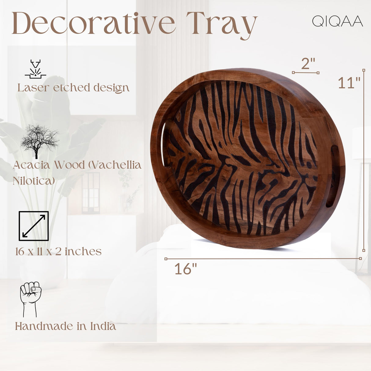 QIQAA Acacia Wood Black Etching Serengeti Tiger Tray | Bathroom Decor, Vanity Organizer, Coffee Table Decor, Jewelry Tray, 16x11x2 QIQAA