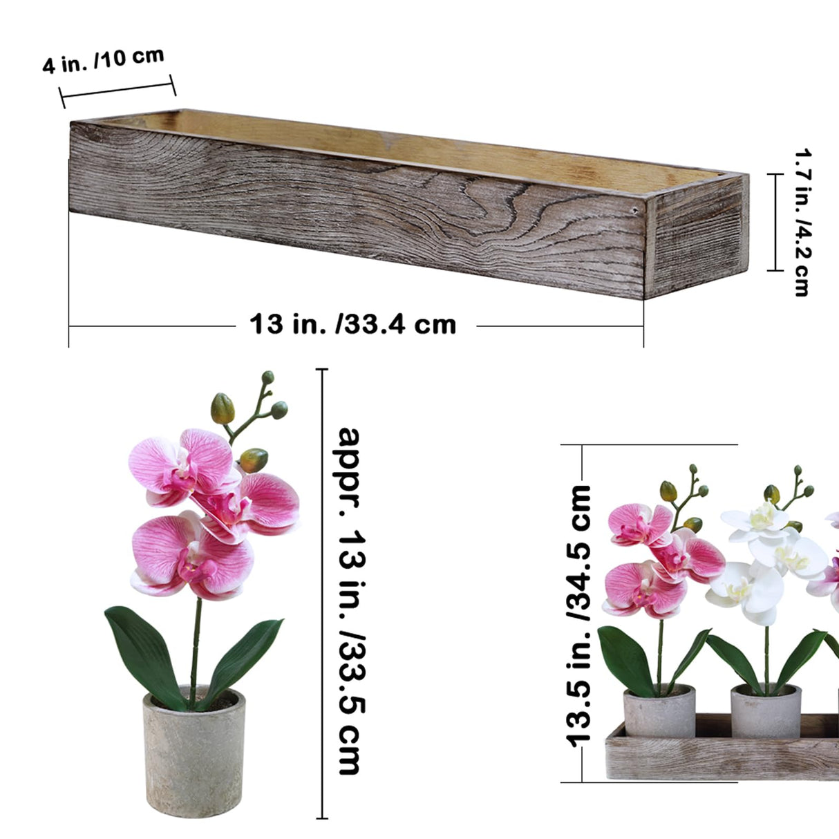 Winlyn Set of 3 Small Artificial Orchid Potted Plants Arrangement with Rustic Wood Planter Box Real Touch Faux Phalaenopsis Moth Orchid Flowers in Pots for Home Office Desk Shelf Table Centerpiece Winlyn