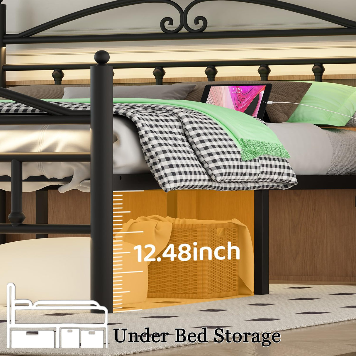 Samurbex Full Size Bed Frame with Charging Station,Black Metal Platform Bed Frame with LED Lights,Heavy Duty Metal Steel Slats Support,No Box Spring Needed,Noise Free,Easy to Assemble Samurbex