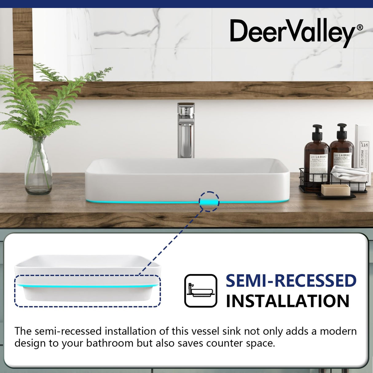 Bathroom Vessel Sink, DeerValley 19'' x 12'' Semi Recessed Bathroom Sink Rectangular White Ceramic Vessel Sinks for Bathroom Modern Bath Sink Bowl Vanity Sink Above Counter Basin DV-1V0047 Deer Valley