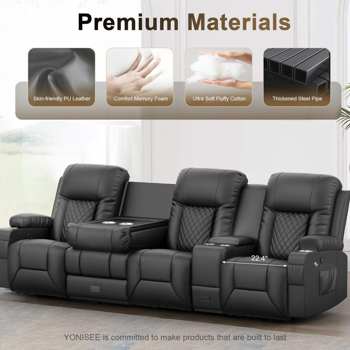 YONISEE 4 Seat Recliner Sofa with Flip Backrest Design, Loveseat Reclining Sofa with Storage Console, Drawer, USB Ports, 2 Cell Phone Holder, Loveseat Recliner Couch for Living Room (Black) YONISEE