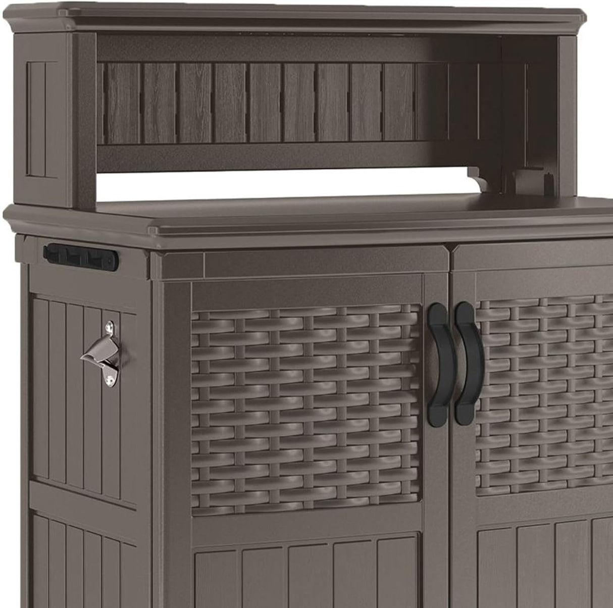 Suncast Patio Plastic Storage and Prep Station with Decorative Wicker Pattern and Multi Wall Panels for Patio, Garden, and Lawn Use, Stoney Gray Suncast