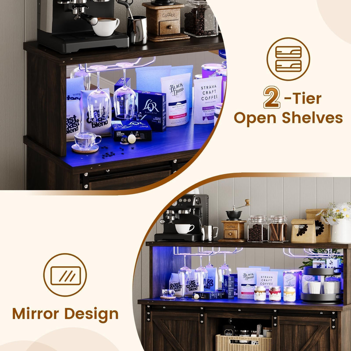 4ever2buy Farmhouse Wine Bar Cabinet with LED Light & Mirror, 47” Buffet Sideboard with 4 Glass Hooks & 9 Wine Racks, Coffee Bar Cabinet with Sliding Barn Door for Kitchen Dining Living Room, Brown 4ever2buy