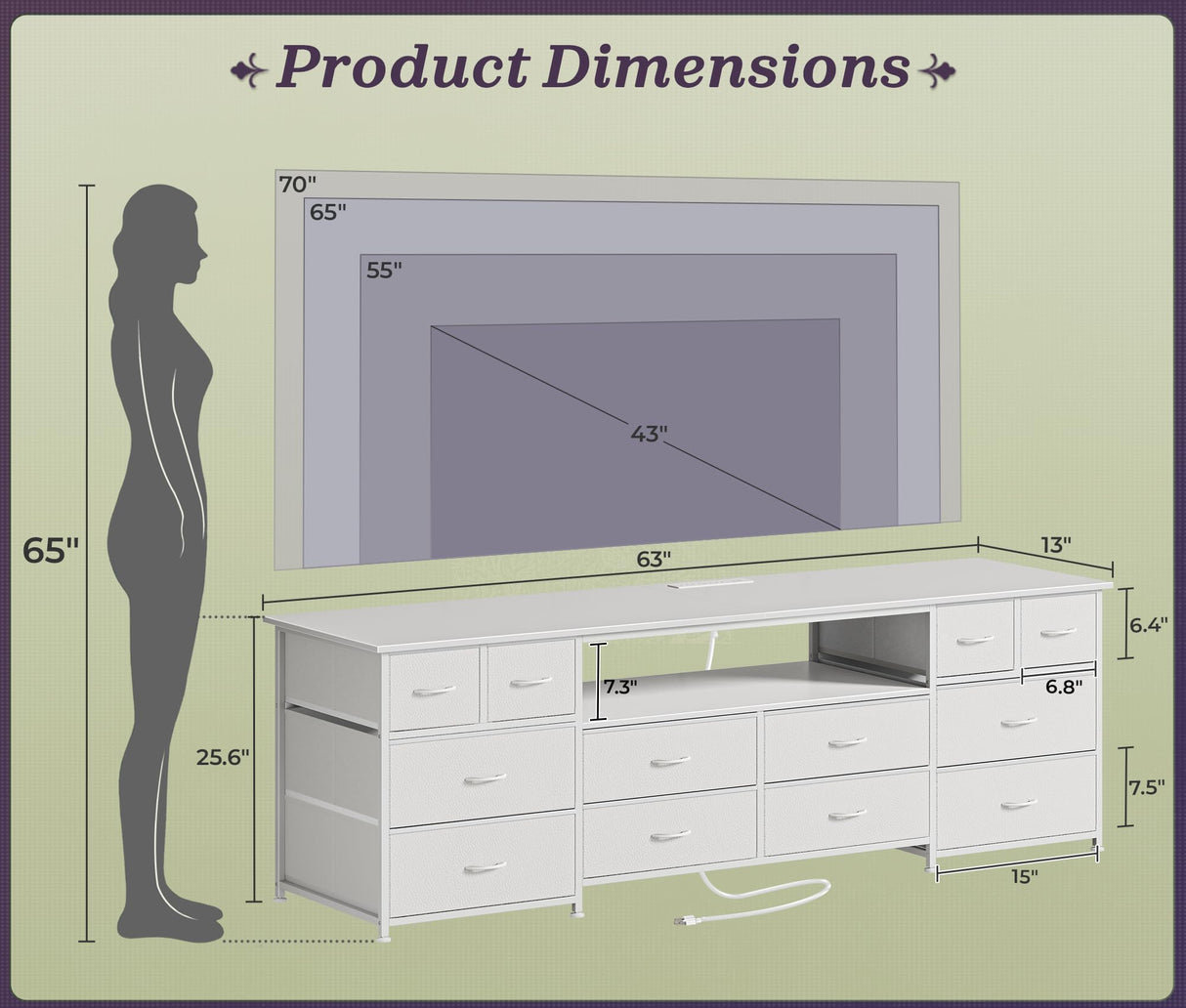 Huuger 63 Inch Dresser TV Stand with LED Lights, Power Outlets and USB-C Port, 12 Fabric Drawer Dresser for Bedroom, Wide Entertainment Center for 65, 70 Inch TV, Media Console, Open Shelf, White Huuger