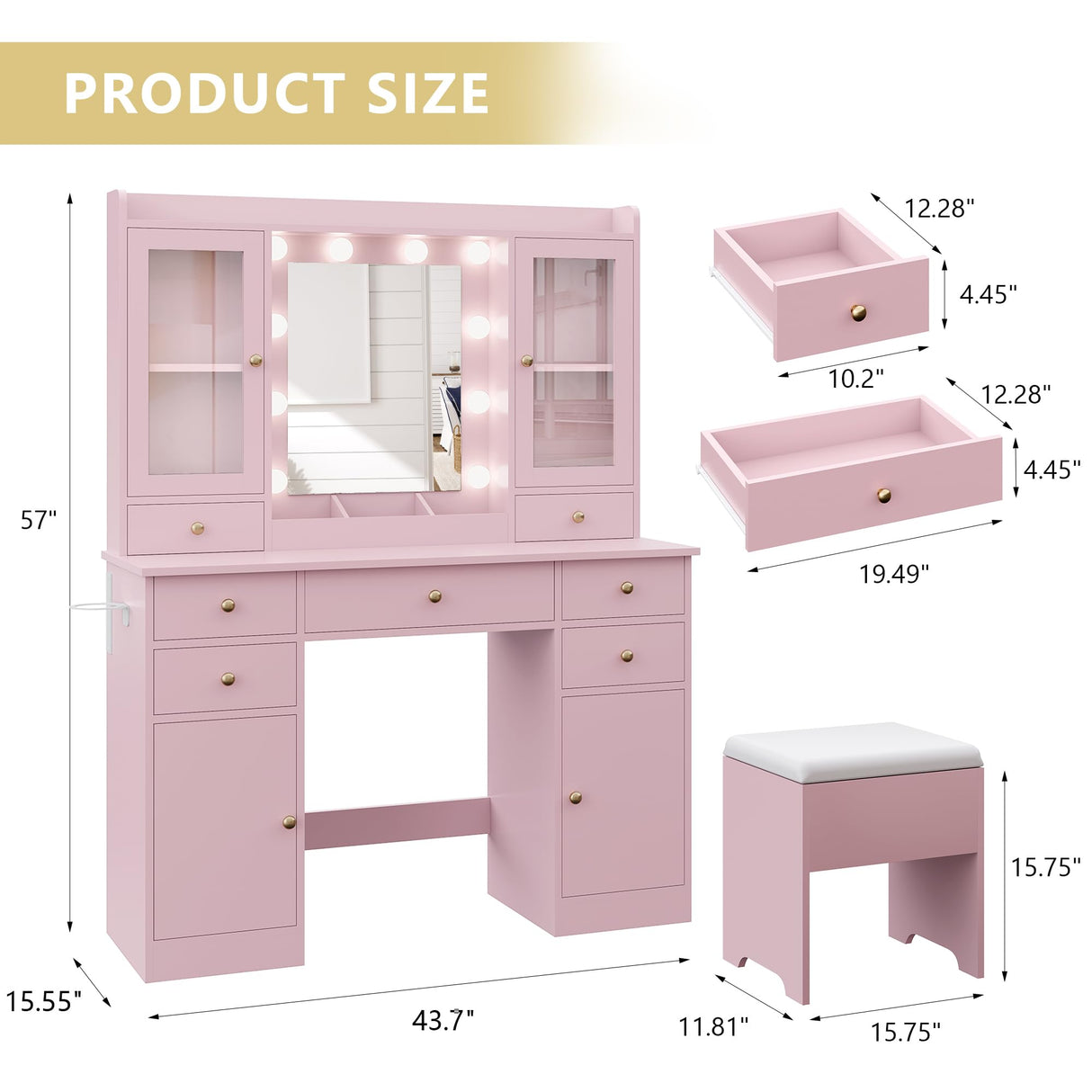 Makeup Vanity Desk with Mirror and Lights, Pink Vanity Table Set with Storage Drawers, Charging Station, Cabinets & Chair, Large Dressing Table with RGB Ambient Light for Women Girls Bedroom Bathroom Xixini