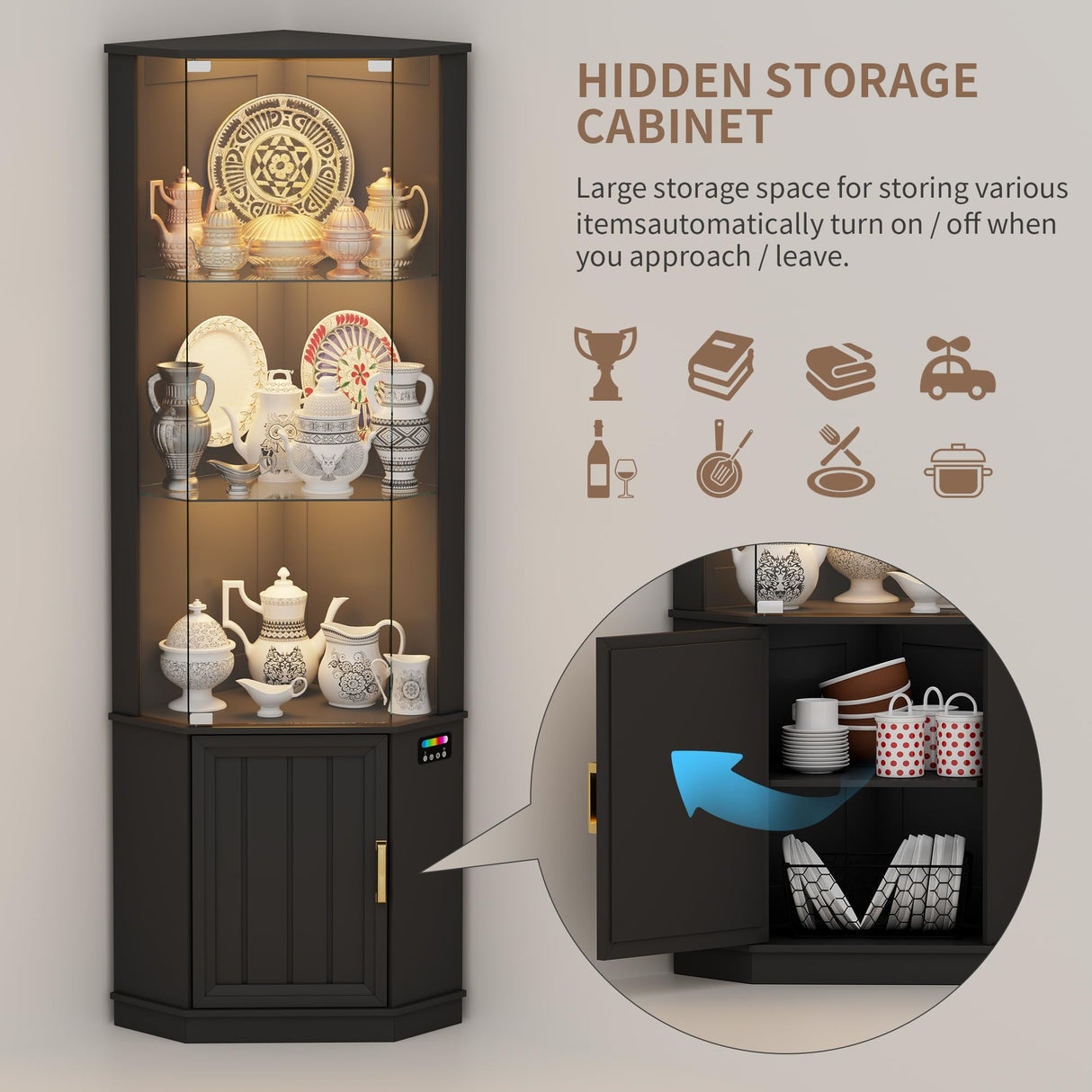 Lvifur 69" Corner Glass Display Cabinet with RGB Lights,3-Tier Movable Glass Shelves,Curio Display with Human Body Sensor,Bookcase with Storage Cabinet for Toys,Books,Collectibles,Liquor,Black Lvifur