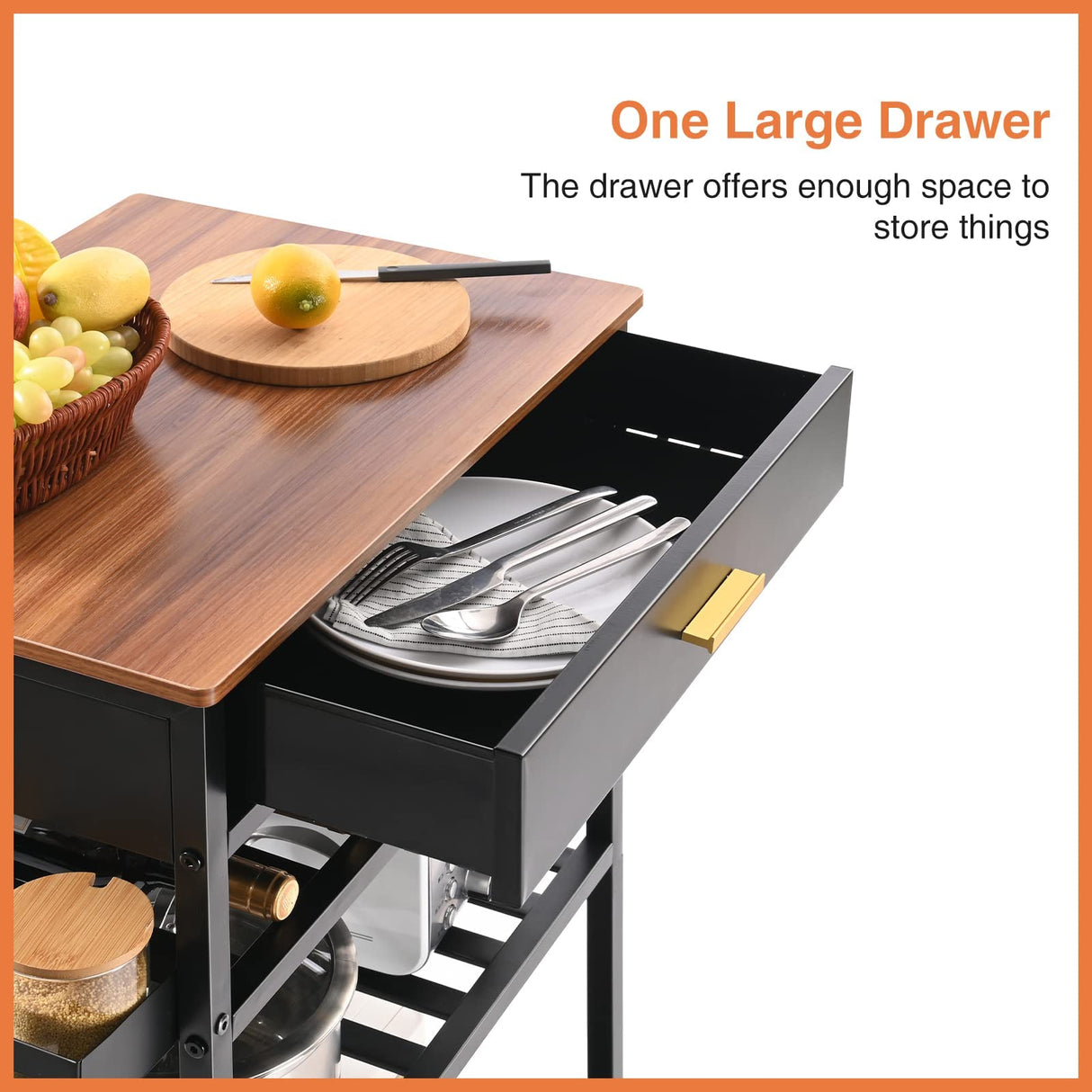 TOOLF Kitchen Island Cart with Drawer, Rolling Kitchen Service Cart with Wooden Tabletop, 3-Tier Storage Cart on Wheels, Storage Trolley Cart with Hooks for Kitchen, Dining Room TOOLF