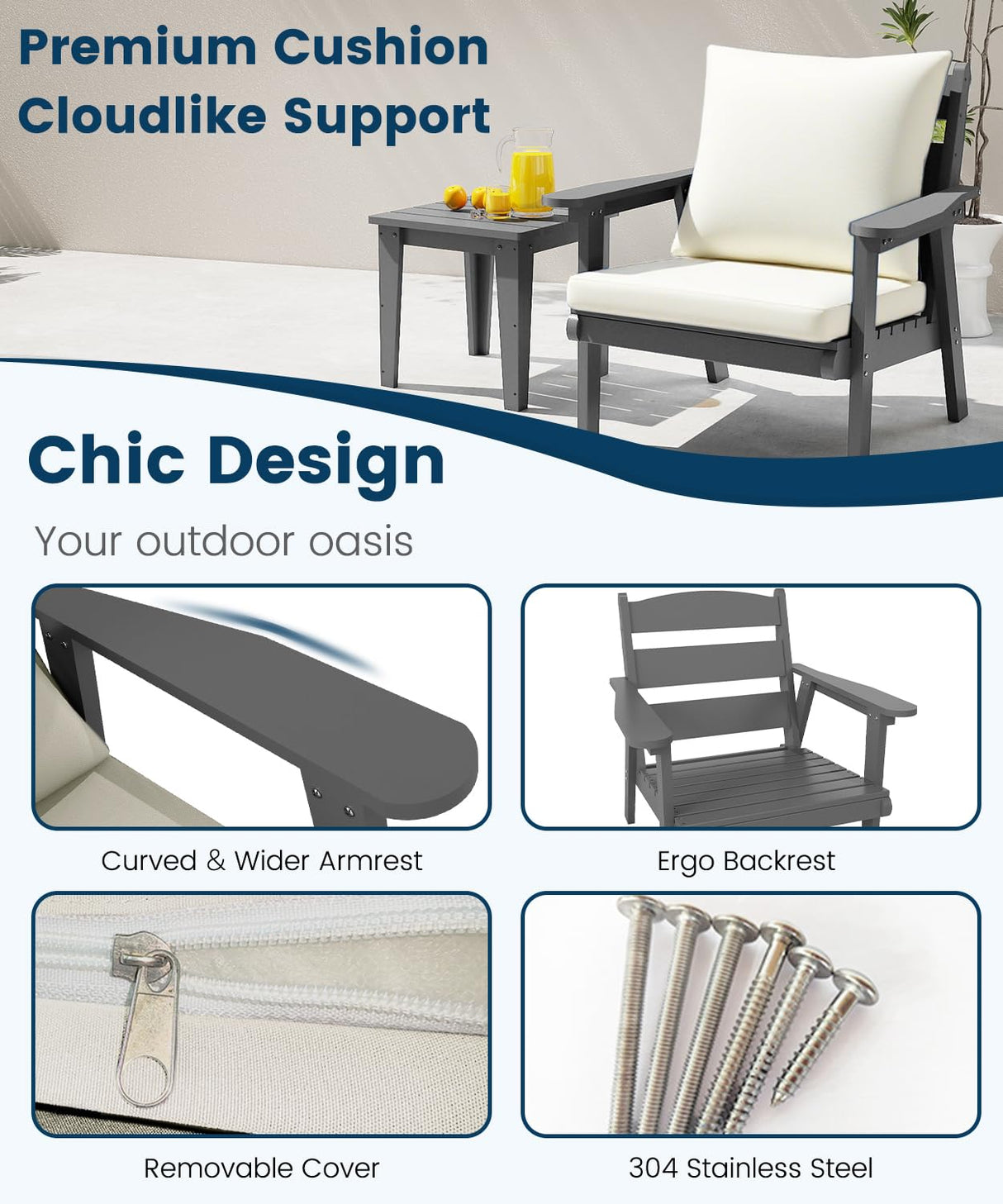 FOOWIN 7-Piece Patio Furniture Set, HDPE All-Weather Outdoor Conversation Set with Thick Cushions, Sectional Patio Sofa Furniture for Deck, Porch, Lawn, Garden, Grey Frame & White Cushion FOOWIN