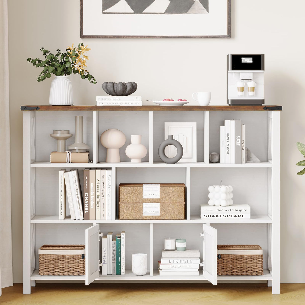 Halitaa Farmhouse Horizontal Bookcase, 11 Cube Storage Organizer Bookshelf, Wooden Open Cube Shelf Bookcase, 3 Tier Cube Display Bookshelves with Storage, Rustic White Halitaa