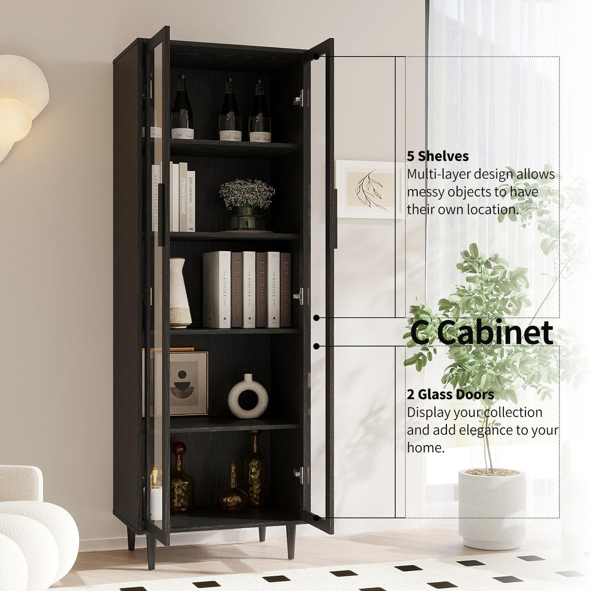 TUSY 70.9“ H Display Cabinet with Glass Doors, 5-Tier Curio Cabinet, Narrow Display Bookcase for Home, Office, Clinic, Pantry (Black) TUSY