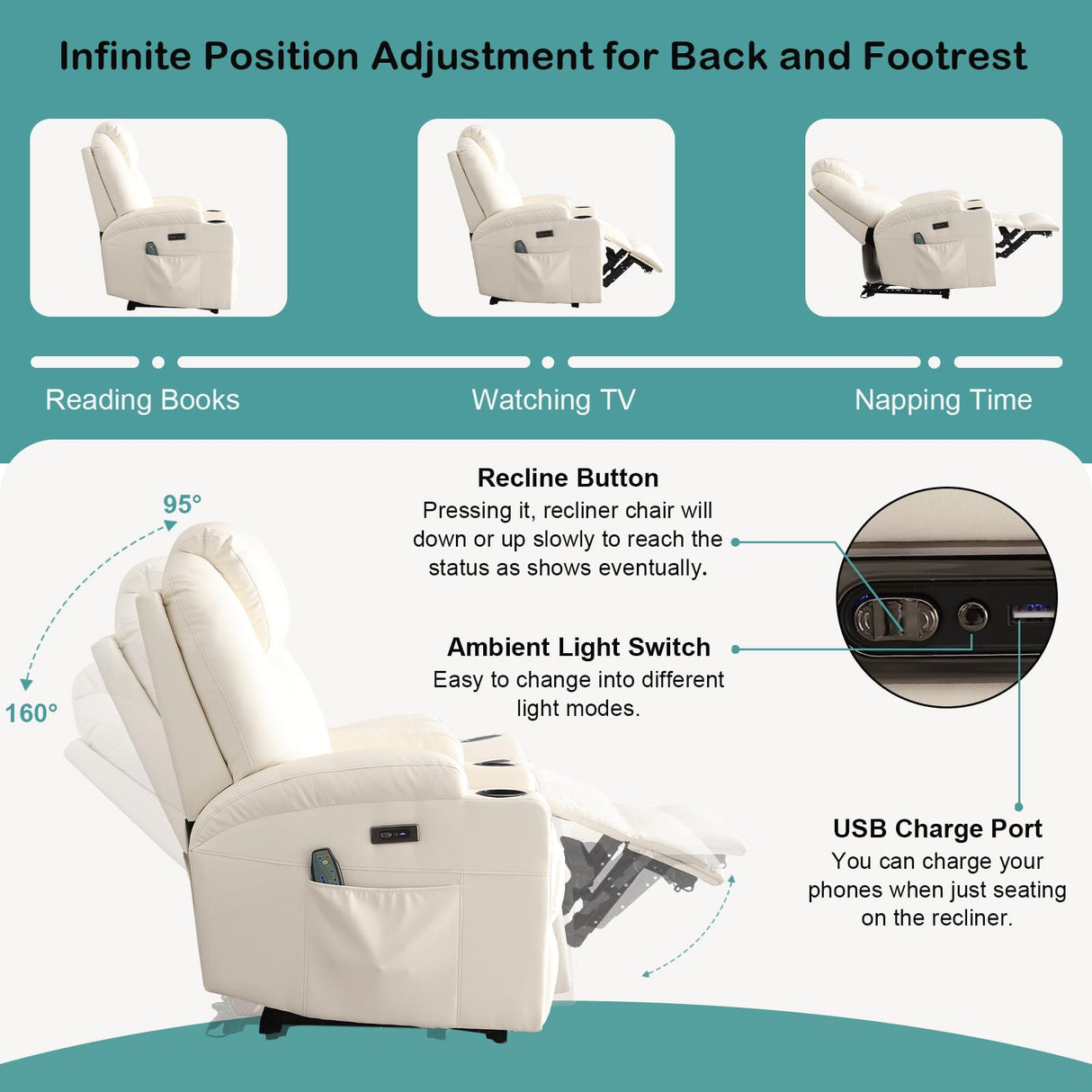 Power Recliner Chair with Heat and Massage for Adults - Home Theater Seating with LED Lights,Cup Holders,Side Pocket,USB Port - Recliner Sofa for Living Room (Beige, Single Recliner) WISHDEER