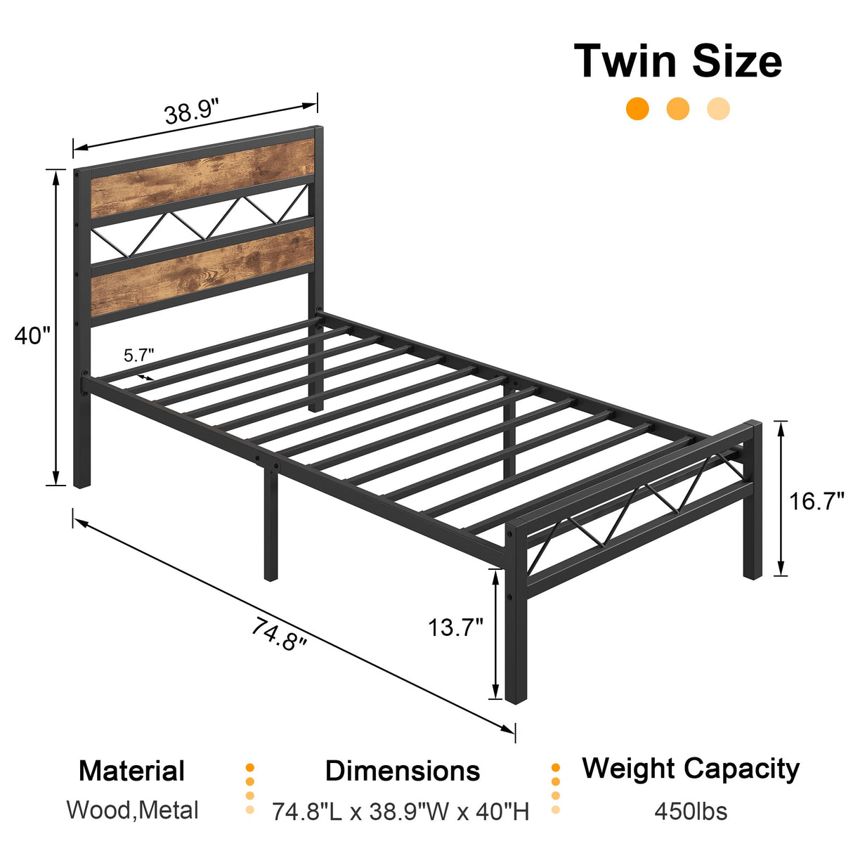 VECELO Twin Size Bed Frame with Headboard, Heavy-Duty Platform Bedframe with Metal Slats Support, No Box Spring Needed, Easy Assembly, Black & Brown VECELO