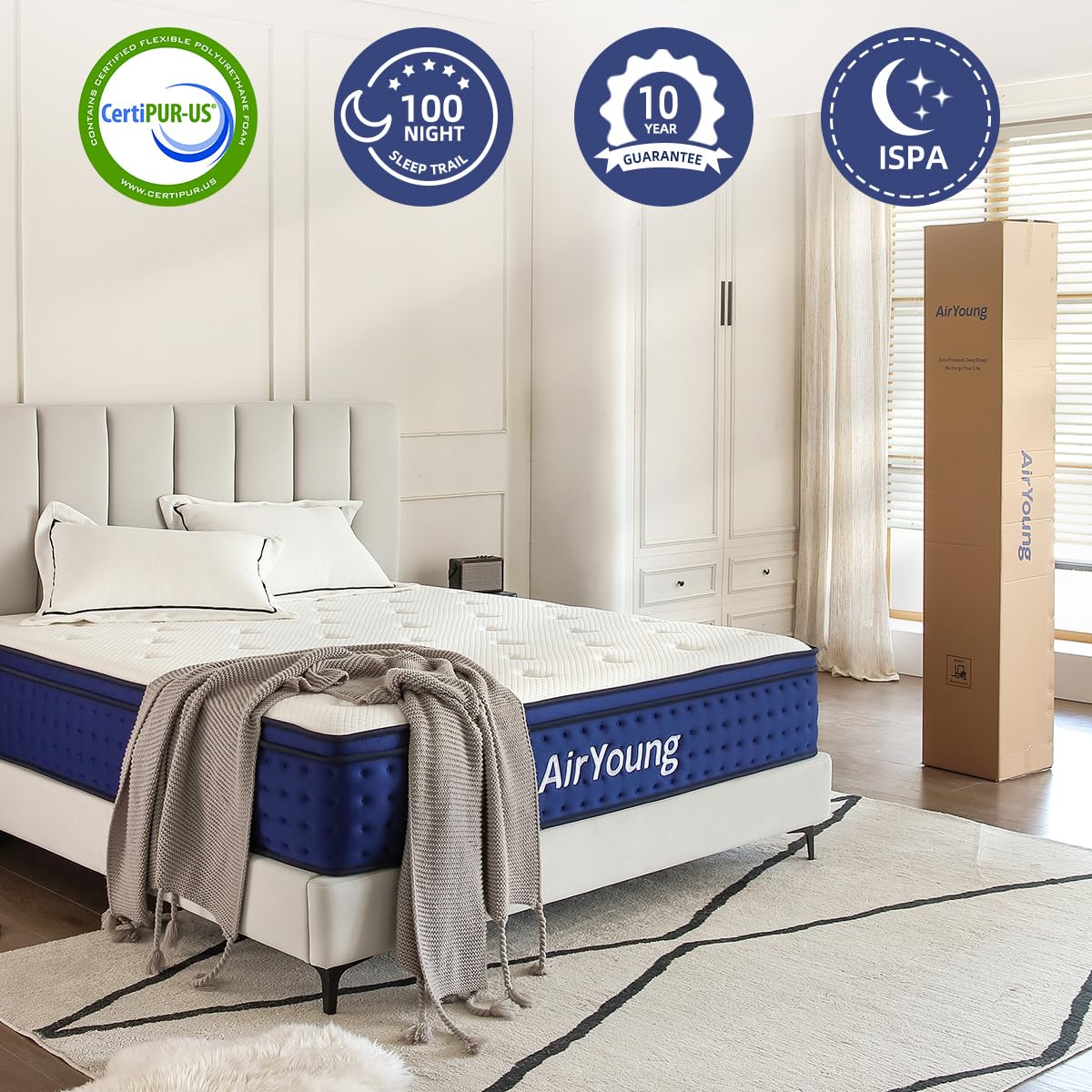 AirYoung Cooling Memory Foam King-Size Mattress 14 Inch, Pocket Coil Hybrid Mattress King, Zero Pressure Back Pain Relieve Lumbar Support, with CertiPUR-US Certified, Medium Firm, 120-Night Trial AirYoung