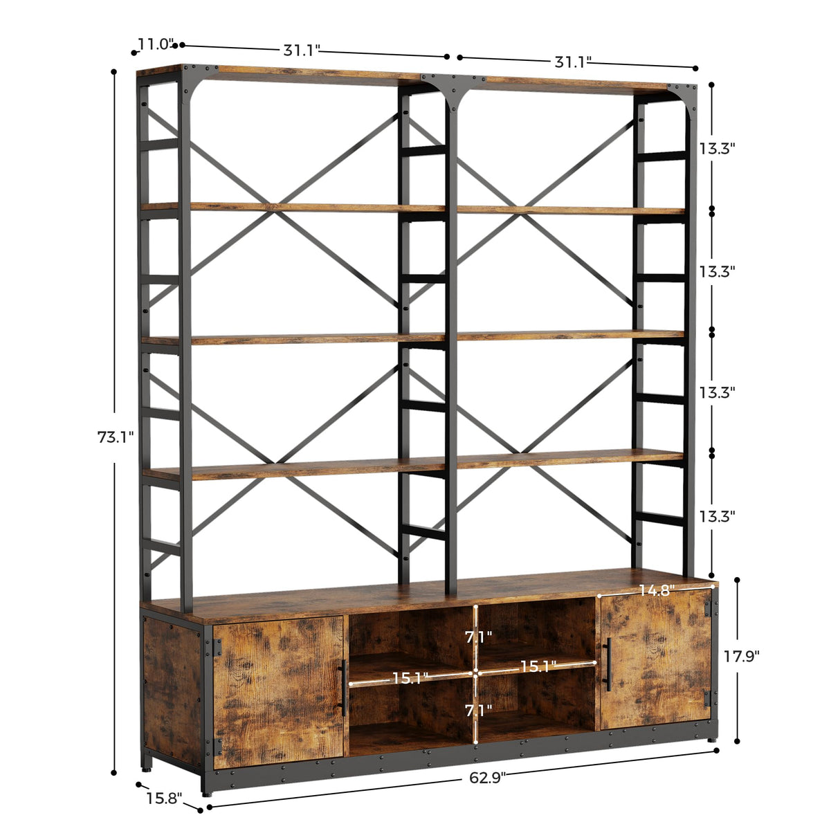 IRONCK Bookshelves 6 Tiers 73.1 inch Tall Industrial Bookshelf with Doors, Bookcase and Display Shelf, Open Storage Cabinet for Living Room, Home Office IRONCK