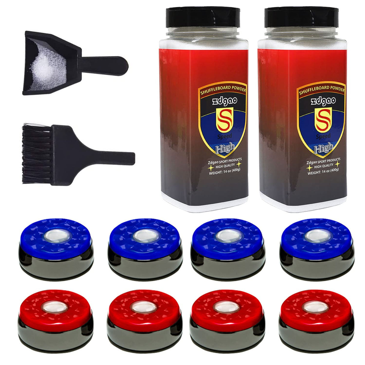 Shuffleboard Pucks w/Shuffleboard Wax High Speed (2 Cans), Mini Dustpan and Brush for Shuffleboard Table, Complete Shuffleboard Accessories Bundle (2 5/16" (58mm)) YDDS