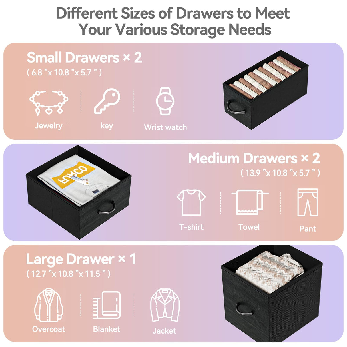 Furnulem Dresser for Bedroom Organization Fabric Dresser Units with 5 Storage Drawers Sturdy 2 Tier Shelf Large Space Dresser Bedroom Dresser for Hallway Entryway Dorm Black Furnulem