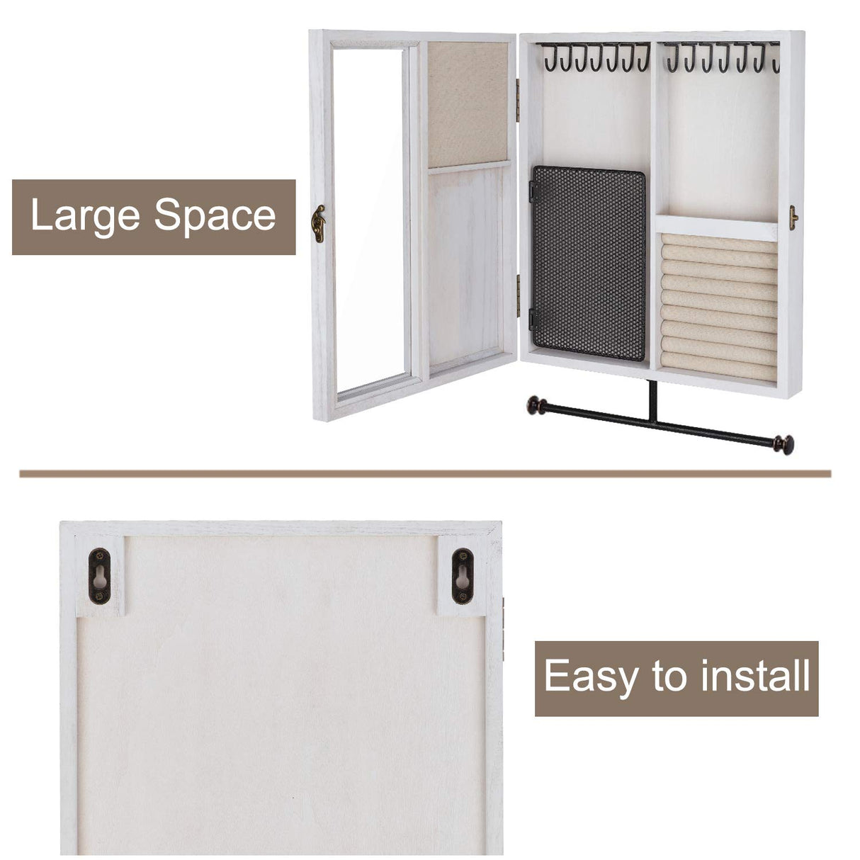 Keebofly Wall Mounted Jewelry Organizer With Rustic Wood Large Space Jewelry Cabinet, Holder, Storage Box for Necklaces, Earrings, Bracelets, Ring Holder, and Accessories White Keebofly