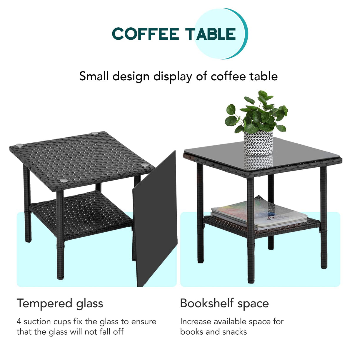 FDW 3 Piece Outdoor Furniture Set Patio Wicker Chairs Furniture Bistro Conversation Set 2 Rattan Chairs with Blue Cushions and Glass Coffee Table for Porch Lawn Garden Balcony Backyard FDW