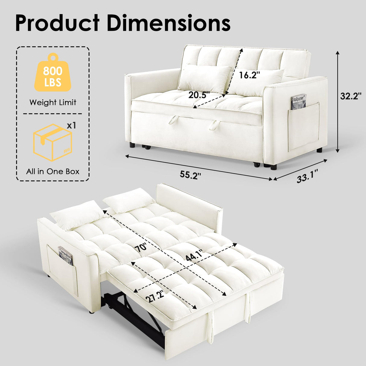 Dreamzie 3 in 1 Convertible Sleeper Sofa Bed, Pull Out Couch for Living Room with Side Pocket, Loveseat Sleeper with Adjustable Backrest (Fabric, White) Dreamzie