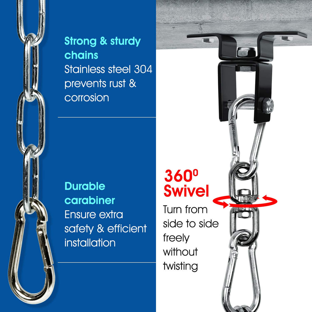 Yes4All Punching Bag Hangers, Swing Hanger For Punching Bag - Heavy Bag Hanger - Bag Chain For Boxing Stand - Indoor Outdoor Hanging, 360 Rotate Swivel,2 Screws, Heavy Bag Chain and Swivel Yes4All