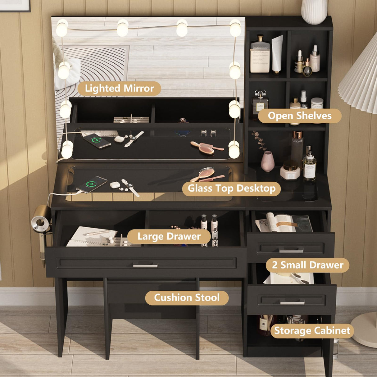 Fameill Vanity Desk with Lighted Mirror & Power Strip,Large Vanity Table with Glass top and Lots Storage,3 Drawer Makeup Desk with Hair Dryer Stand,3 Lighting Modes,Black Fameill