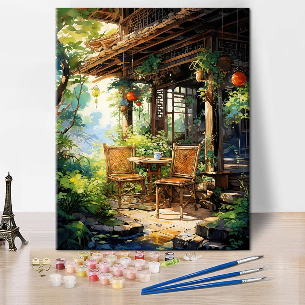 Paint by Number for Adults Canvas Garden - DIY Painting by Numbers for Adult Beginners, Tables and Chairs in The Forest Acrylic Paint by Numbers Kits for Home Wall Decor 16"x20"(Frameless) TUMOVO