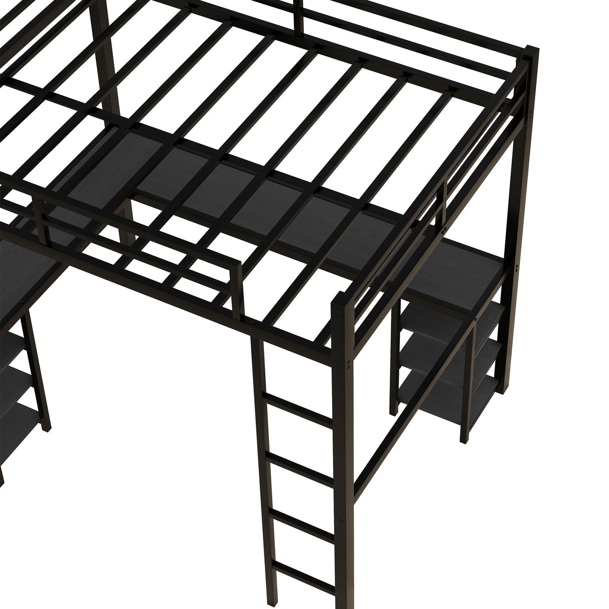 Full Size Loft Bed with Desk and Storage Shelves, Heavy Duty Metal Loft Bed with Black Desk and Guardrail, Full Size Loft Bed for Kids, Teens(Full Black Desk) Bellemave
