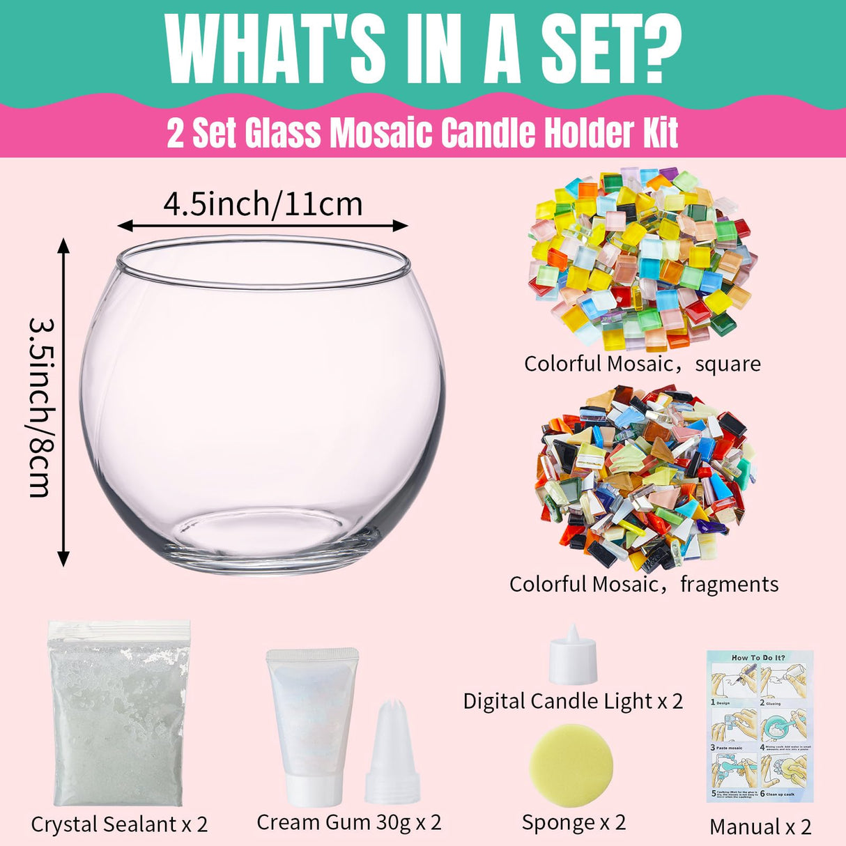 Sunnychicc 2 Set Glass Mosaic Candle Holder Kit Include Tea Light Holder, Glass Mosaic Tiles DIY Crafts Creativity Handmade Artwork for Adults Home Lighting Decor(Rainbow Theme) Sunnychicc