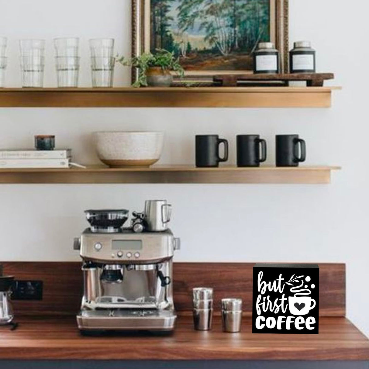 Coffee Bar Decor, But First Coffee Sign, Coffee Bar Sign, Wood Box Sign for Rustic Farmhouse Kitchen Tiered Tray Decor, Coffee Bar Accessories Coffee Station Decor HEYTUYA