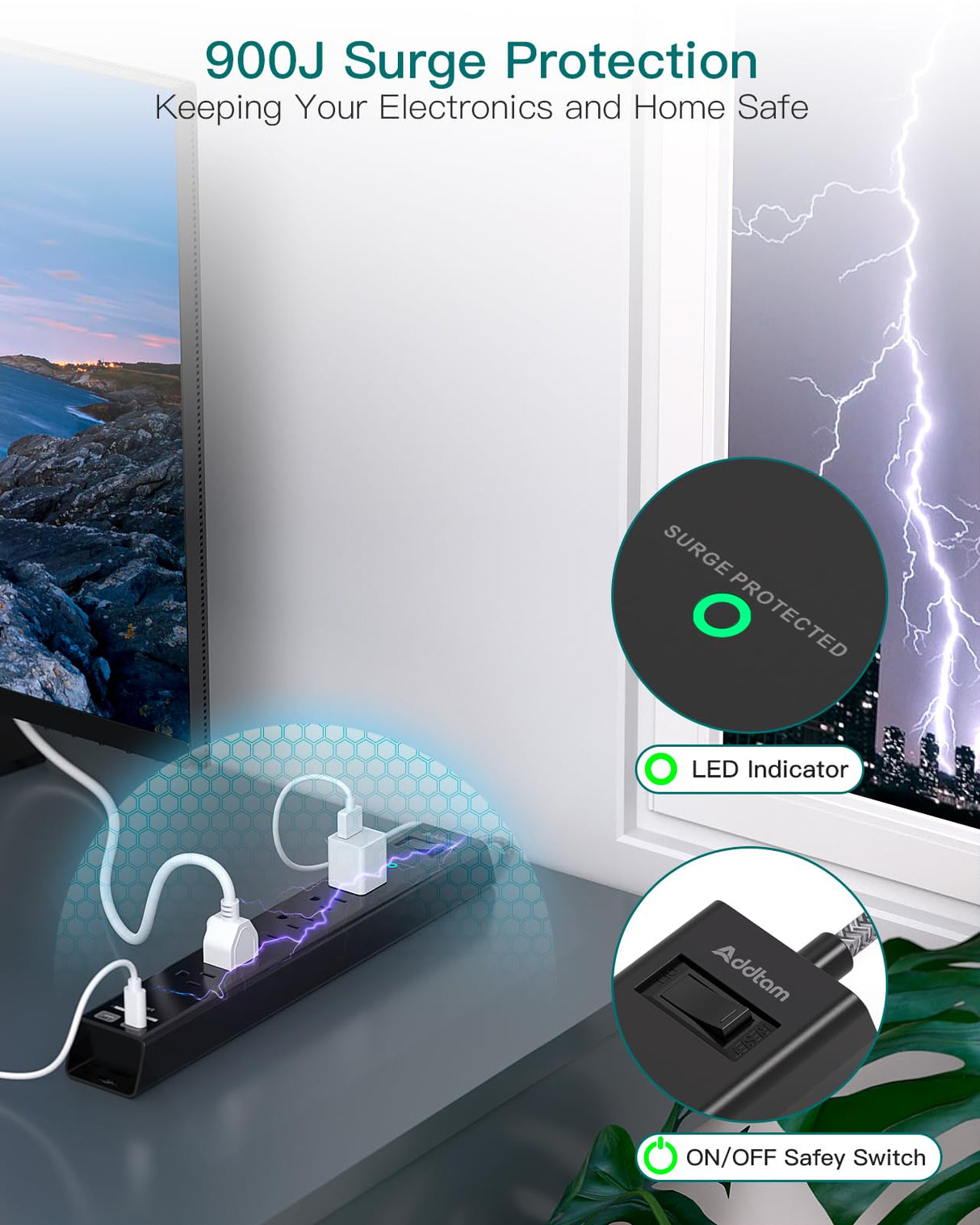 Surge Protector Power Strip - Extension Cord with 6 AC Outlets 4 USB (2 USB-C Ports), Flat Plug with Overload Surge Protection, Wall Mount, 5ft, Outlet Extender for Home Office Dorm Room Essentials Addtam
