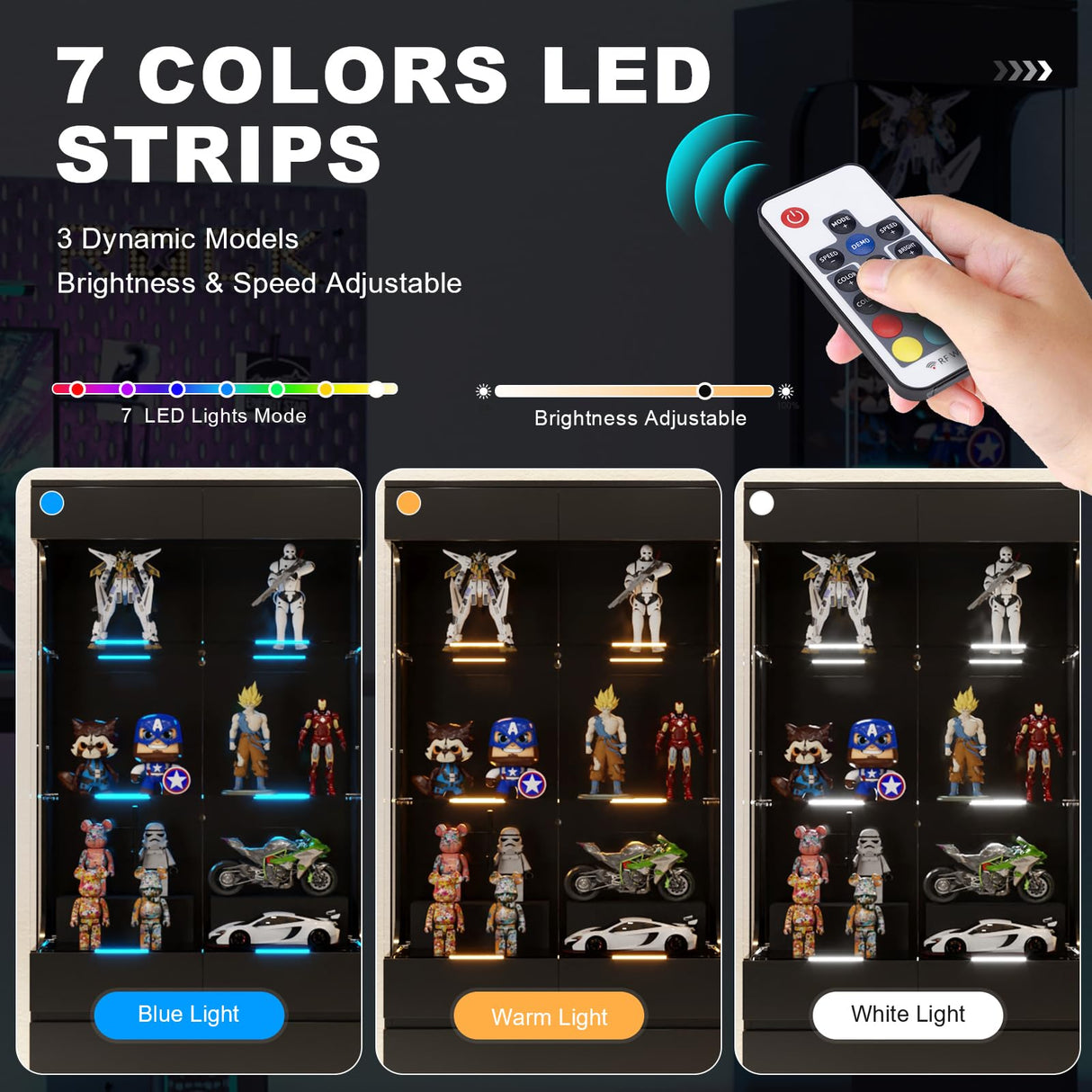 MEISSALIVVE Display Cabinet with Glass Doors, 3-Tier Display Case with 2 Drawers, 70.87''H Curio Cabinet with 7 Color Led Lights for Collectibles, High Gloss, Black MEISSALIVVE