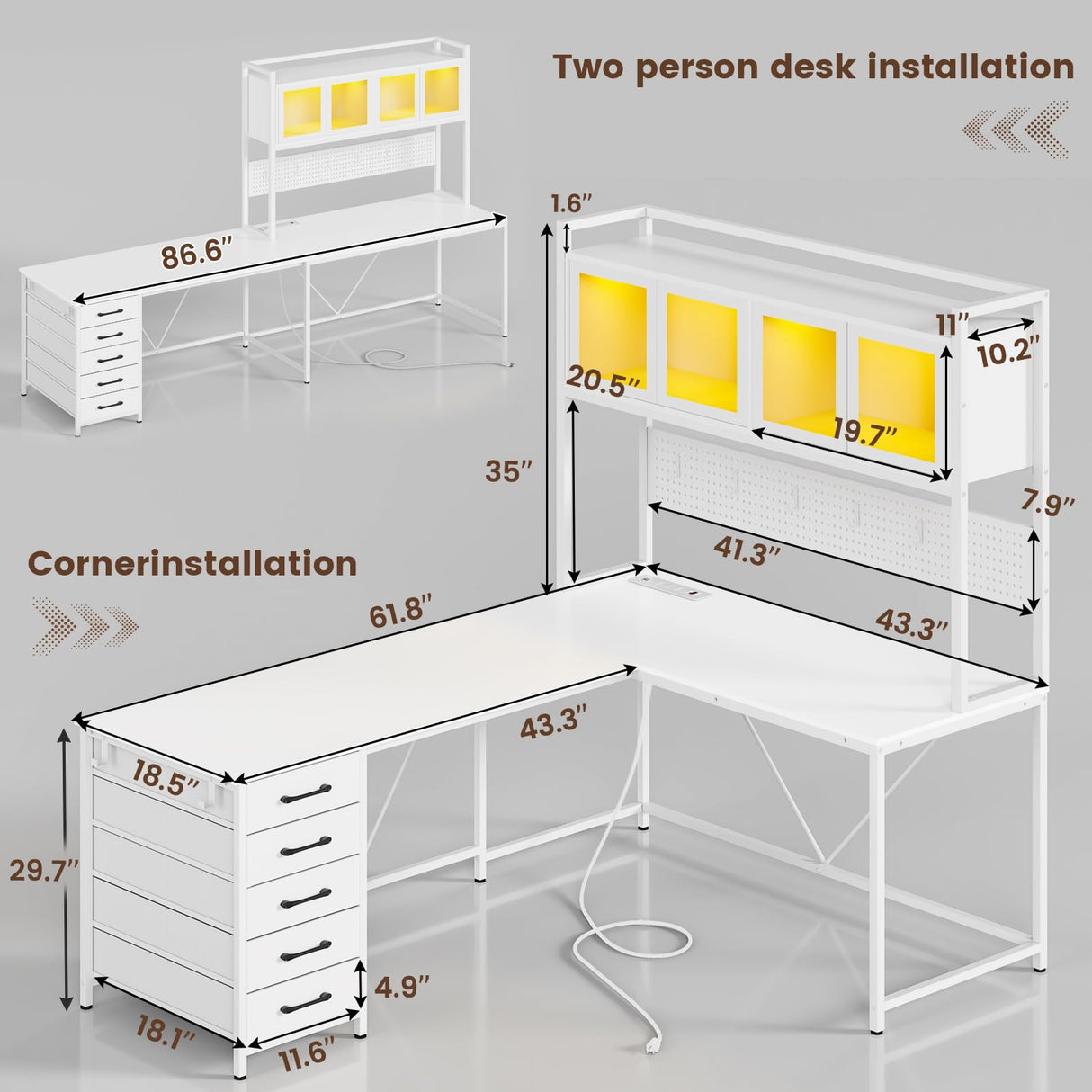 SEDETA L Shaped Gaming Desk with Drawers, L Shaped Computer Desk with Hutch and Storage Shelves, Gaming Desk with Pegboard, Led Lights, and Power Outlet, Home Office Desk, Corner Desk, White SEDETA