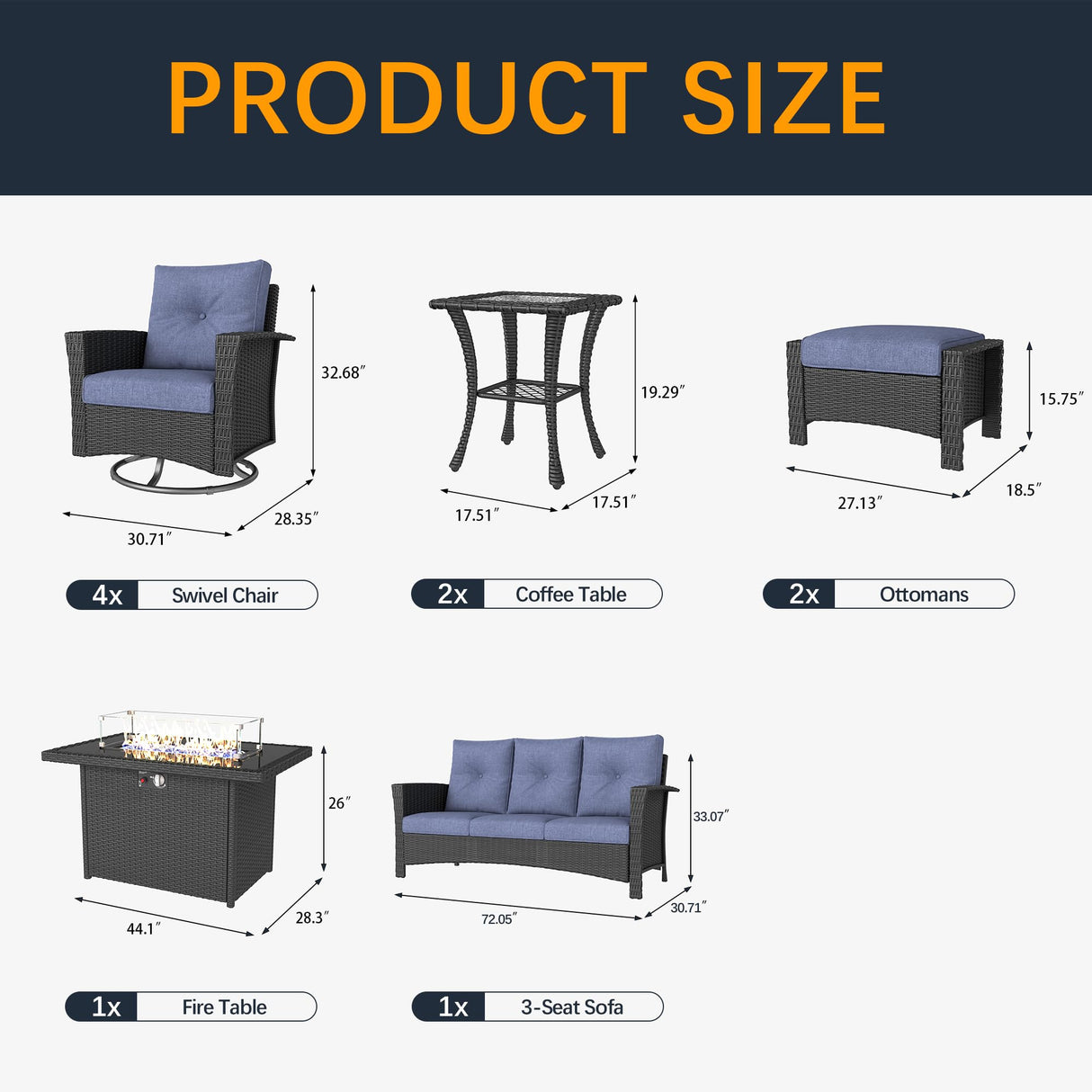 FUARTIO 10 Pieces Outdoor Patio Furniture Set with Fire Pit Table, Wicker Patio Sectional Set Conversation Wicker Swivel Chairs with Small Side Table FUARTIO