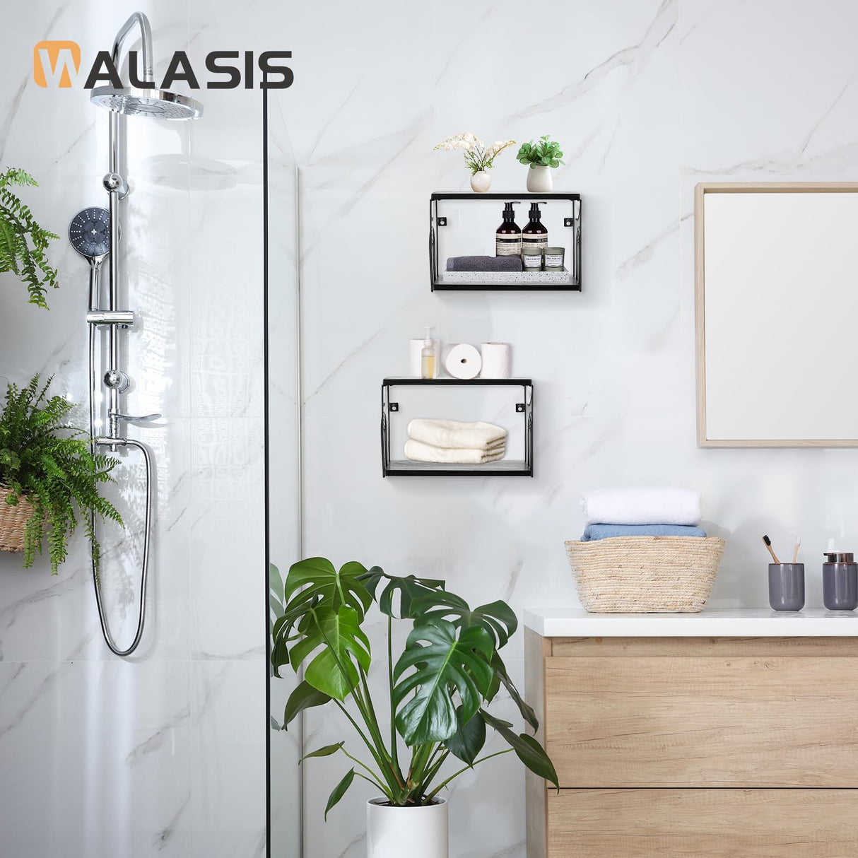 Walasis Black Nightstand Set of 2 - Floating Bedside Shelf Wood Wall Mounted Table Modern Hanging Night Stand Shelves Metal Walasis