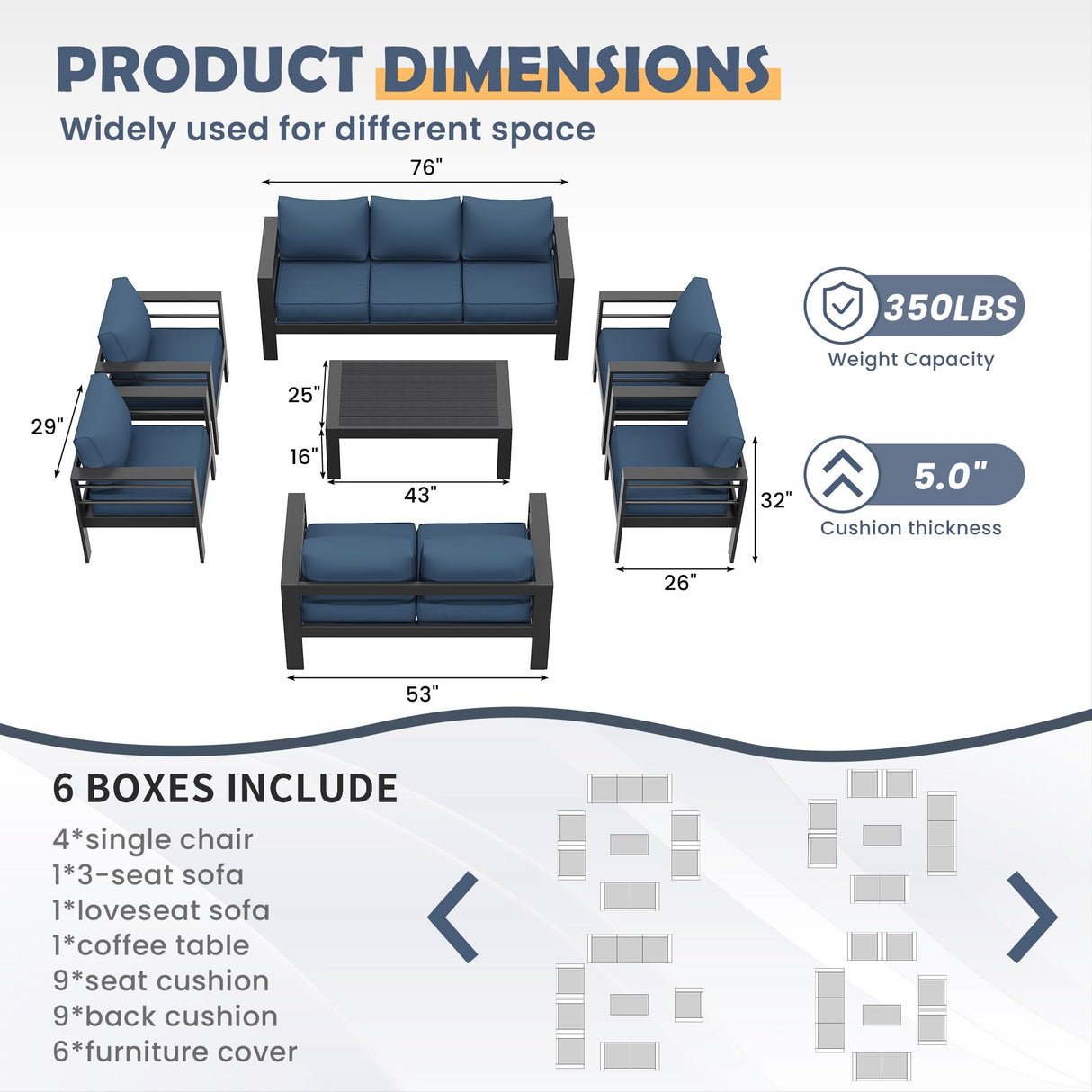 Amopatio Aluminum Patio Furniture Set, 10 Pieces Modern Patio Conversation Sets, Outdoor Sectional Metal Sofa with Coffee Table for Balcony, Garden, Dark Grey&Blue (Included Waterproof Covers) Amopatio