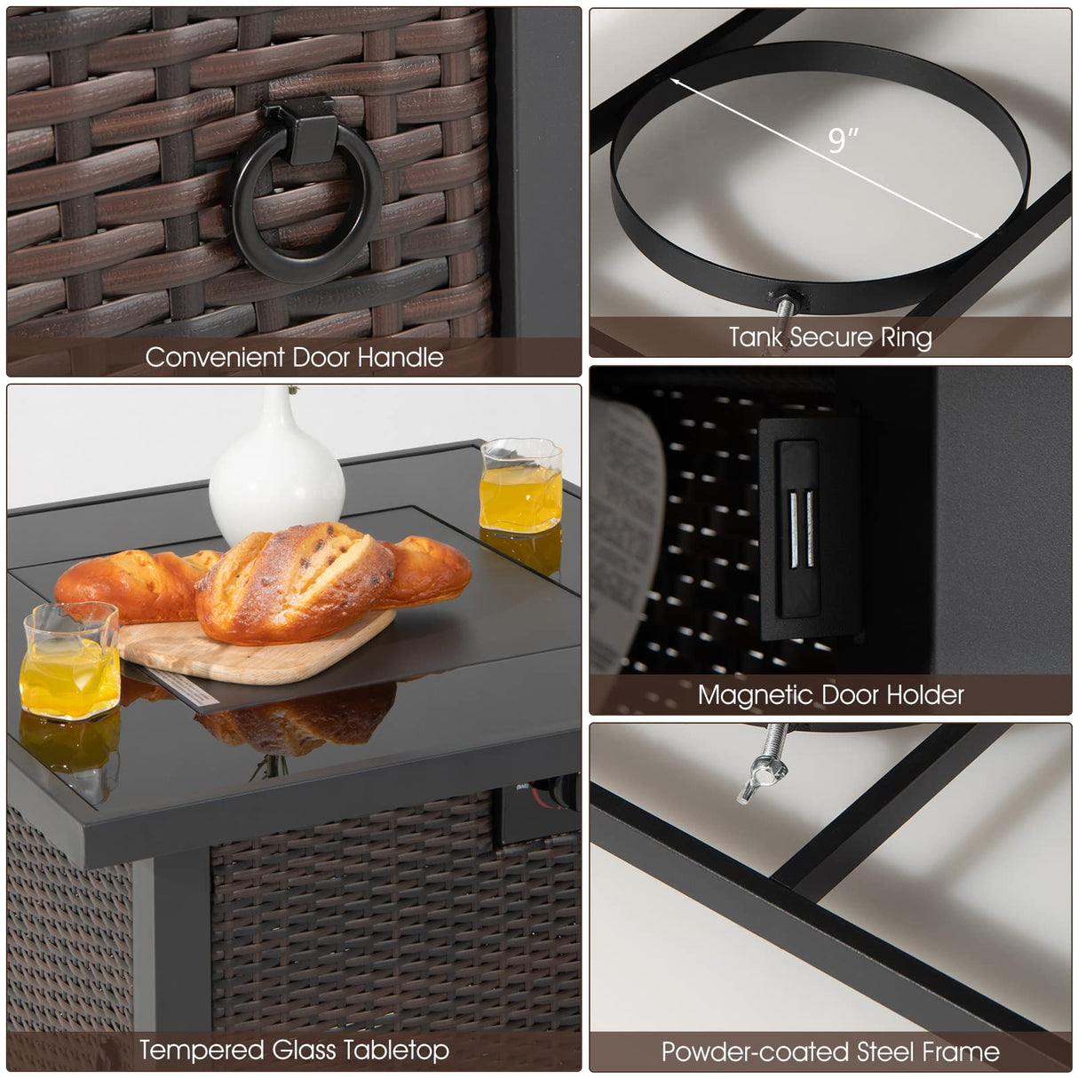 COSTWAY 7 Piece Patio Furniture Set with 32'' Fire Pit Table, Outdoor Wicker Rattan Sectional Sofa Set with 4'' Thickened Cushions, Side Coffee Table for Poolside Backyard (Off White) COSTWAY