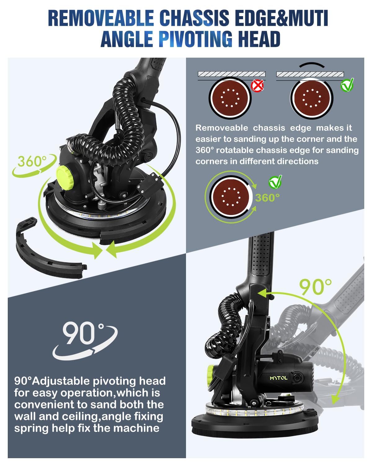 MYTOL Drywall Sander, 7.2A Electric Drywall Sander with Vacuum Dust Collection, LED Light, 6 Variable Speed Digital Display 900-1800RPM, Foldable & Extendable Handle, 9 Sanding Discs&3 Grid Sandpaper MYTOL