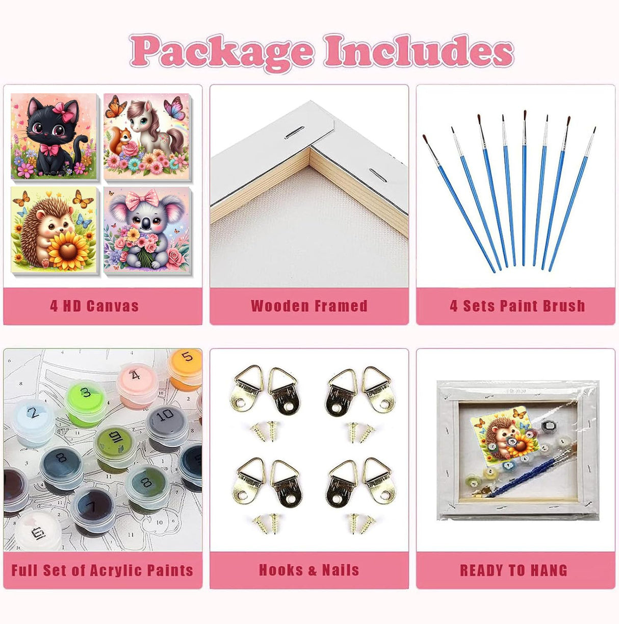 YarnWhimsy 4 Pack Paint by Numbers Kit for Kids with Frame- Animals Paint by Numbers for Kids Ages 4 8 12, Easy Horse Cat Hedgehog Koala DIY Acrylic Oil Painting Kits for Home Wall Decor(8X8inch) YarnWhimsy