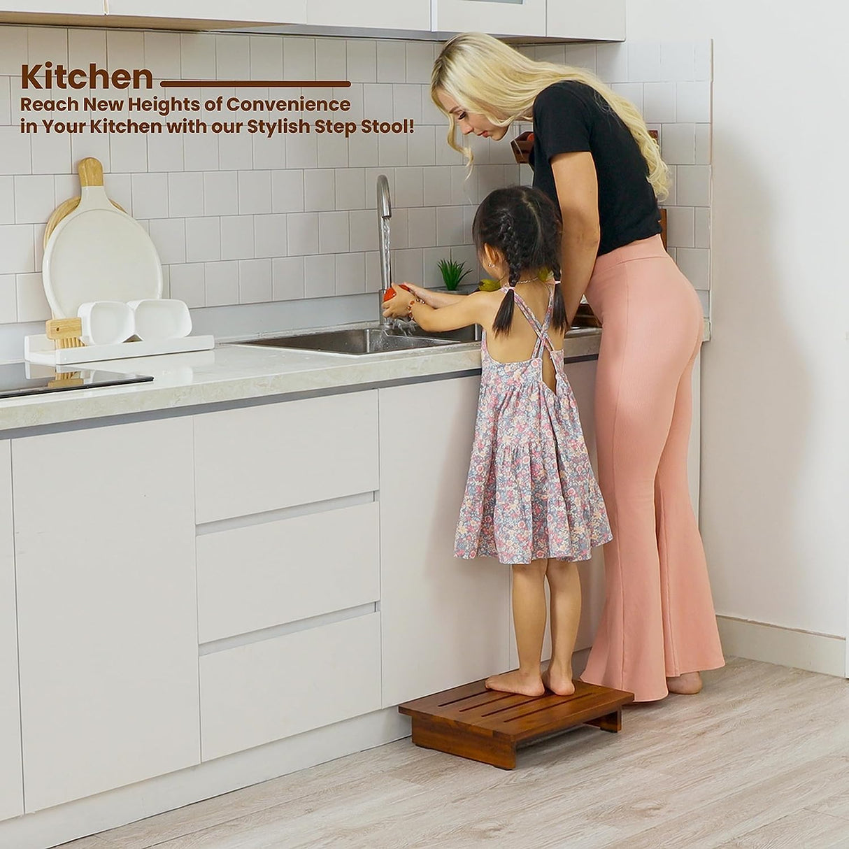 TINAMO 3.5" Acacia Wood One Step Stool for Adults (No Assemble Required)- 500 Lbs Wooden Step Stools Heavy Duty for High Bed Riser, Bathroom, Bedroom - Small Stepping Stool for Elderly, Seniors, Kids Tinamo