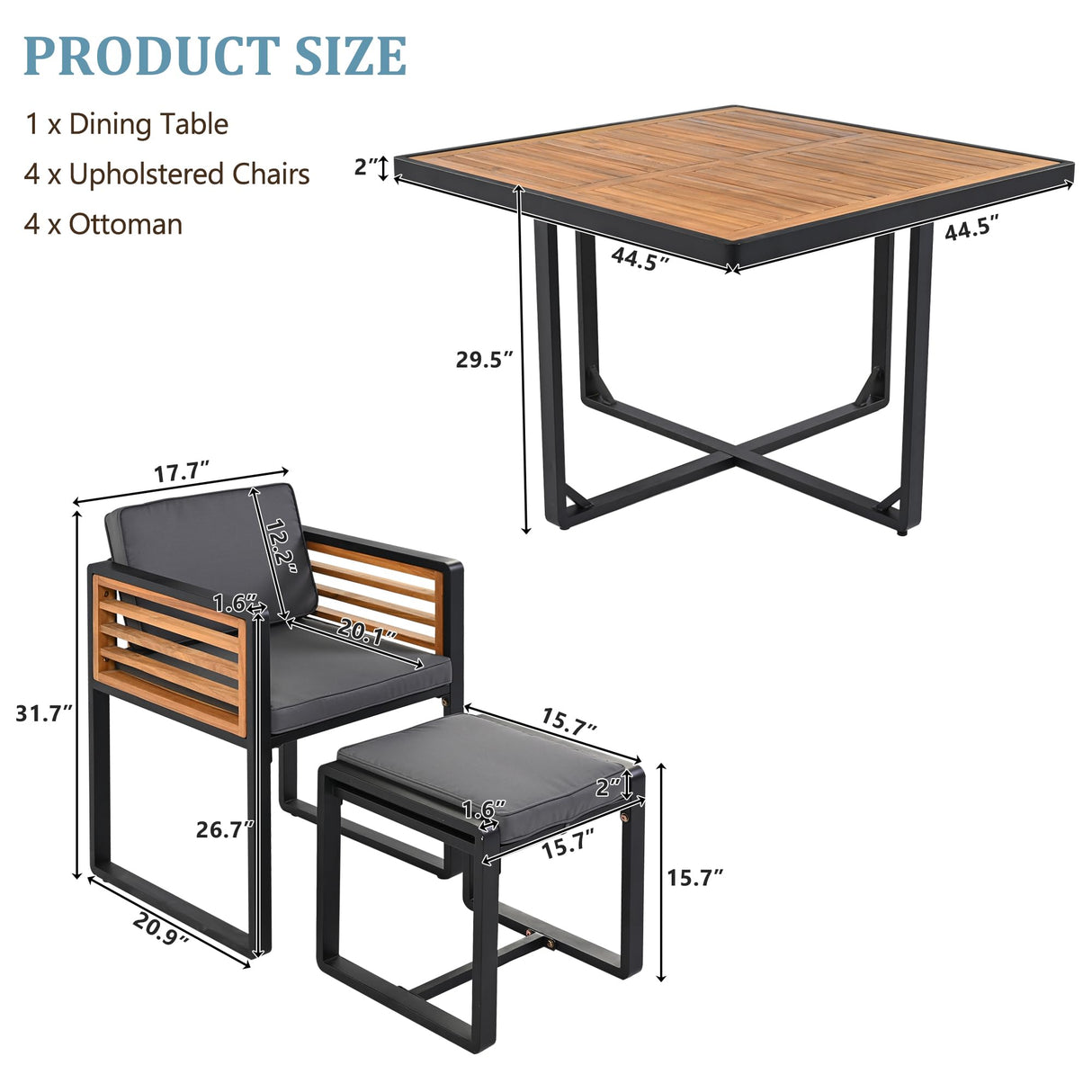 Merax 9 Pieces Outdoor Dining Set for 8 People, Acacia Wood Patio Furniture Sets with 1 Square Table, 4 Cushioned Chairs and 4 Ottomans for Backyard, Garden, Lawn, Poolside, Space Saving Design, Gray Merax