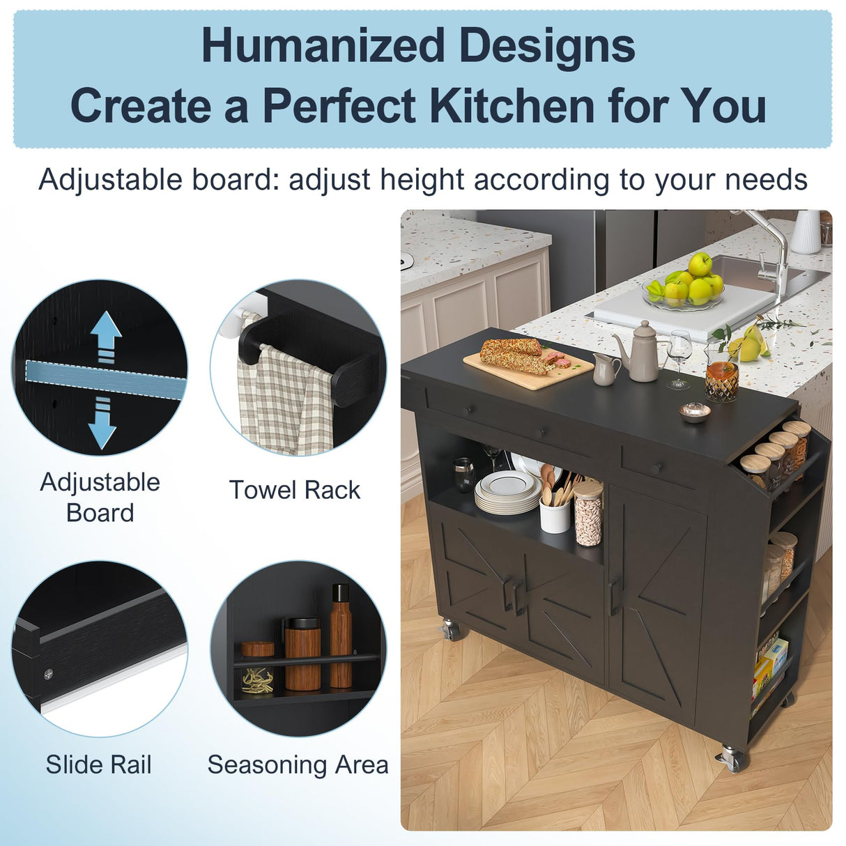 Kitchen Island with Drop Leaf, Rolling Kitchen Island with Power Outlet and Led Light Aufvolr