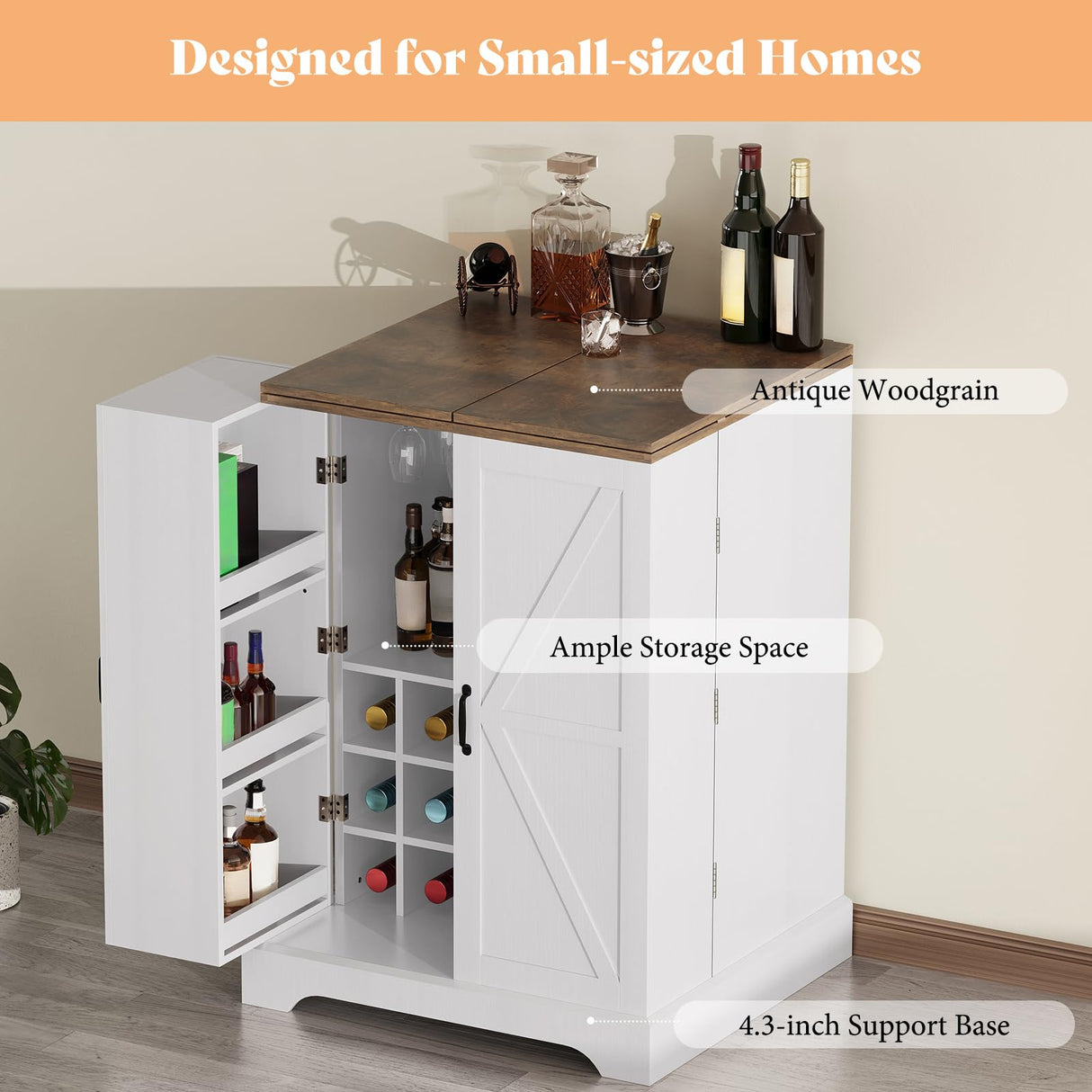 AMERLIFE 61" Farmhouse Bar Cabinet with 9 Wine Racks, Folding Storage Wine Liquor Cabinet, Expandable Coffee Bar Station with Drawer, Mini Bar, Home Bar for Kitchen Dining Room, Rustic White AMERLIFE