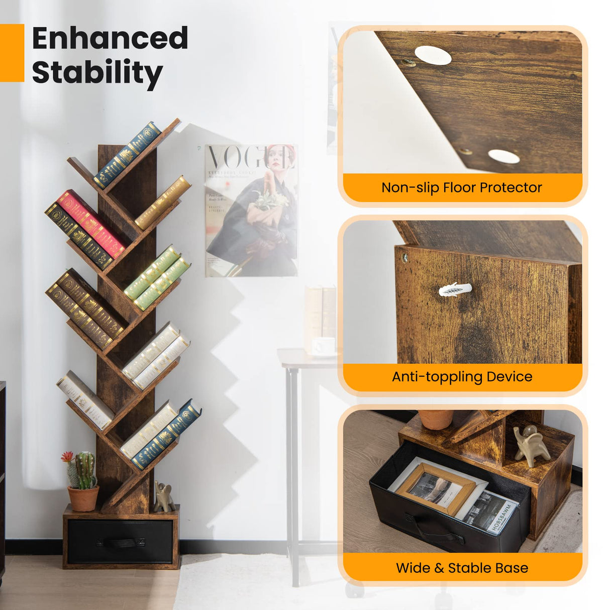 Giantex Tree Bookshelf with Drawer, 10 Shelf Space Saving Rustic Brown Wooden Bookcase, Freestanding Retro Wood Storage Rack, Decorative Bookshelf with Storage Giantex