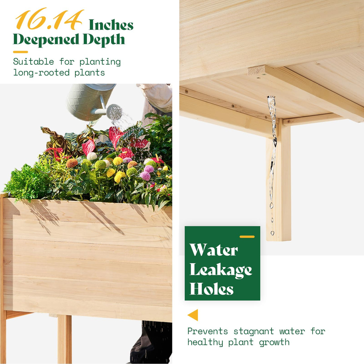 Amerlife 4x2 Ft Raised Garden Bed - Features Legs, Drainage Holes, 16 Inch Depth Ideal for Vegetables, Flowers, Herbs, Elevated Wood Planter Box for Balcony, Patio, and Backyard, Easy Assembly Amerlife