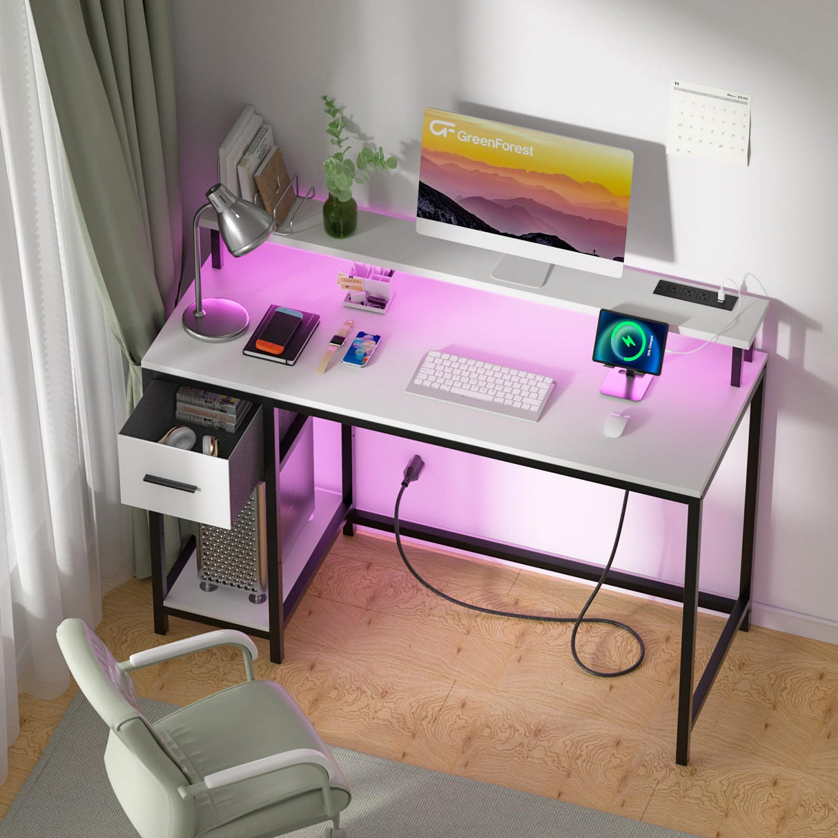 GreenForest White Computer Desk 47 Inch with LED Lights and Monitor Stand, Office Desk with Drawer for Small Spaces, Gaming Desk with Power Outlets and Shelf GreenForest