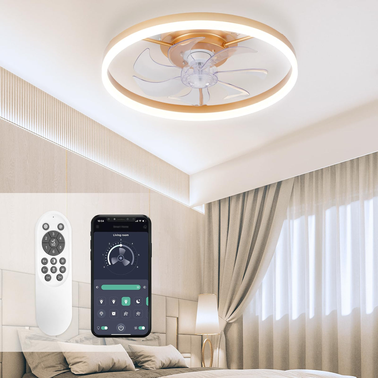 STERREN Modern Gold Ceiling Fans with Lights,20" Dimmable Flush Mount Low Profile Ceiling Fans with Remote Control,Indoor Smart Ceiling Fan with Light for Bedroom STERREN