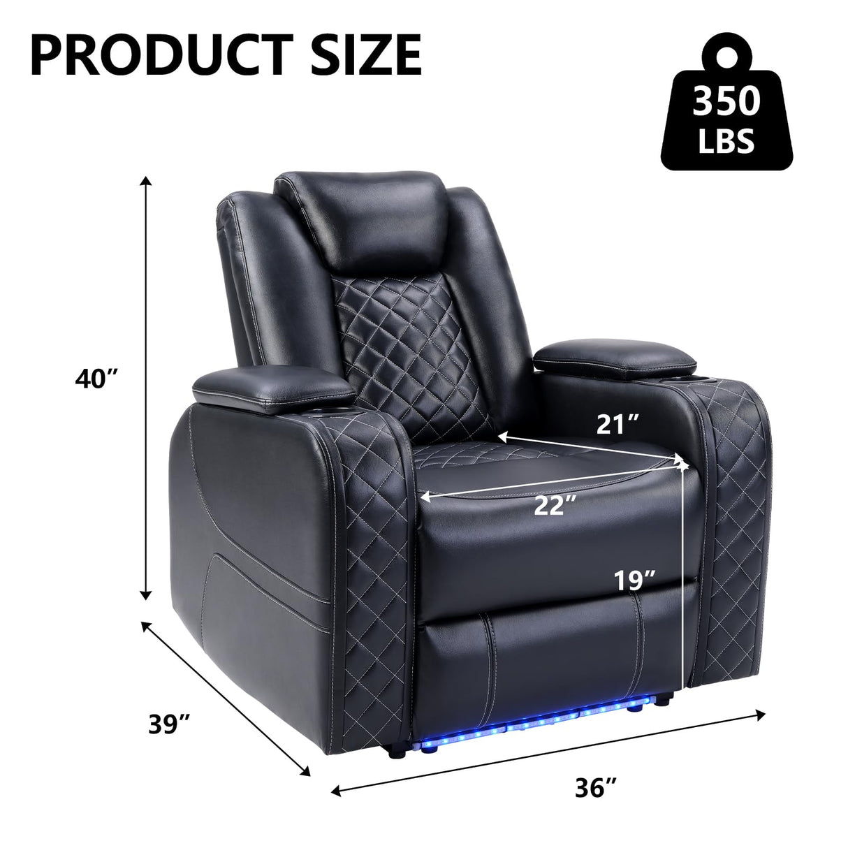 CANMOV Electric Power Recliner Chair with Adjustable Headrest,Breathable Faux Leather Home Theater Seating with Ambient Lighting,Cup Holders,Hidden Arm Storage,USB,Type-C Ports,Black CANMOV