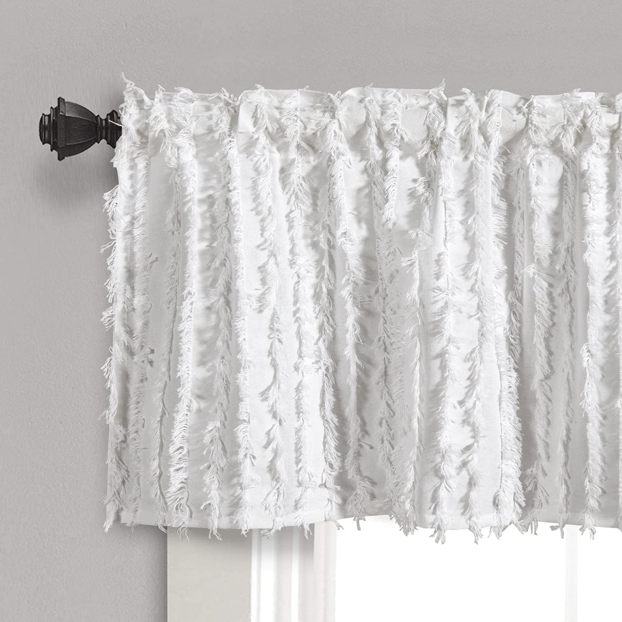 RoomTalks Boho Farmhouse White Curtain Valances Window Treatment for Bedroom Living Room Bathroom, Rod Pocket Shabby Chic Stripe Tassel Cotton Linen Decorative Kitchen Valances Curtain Topper, 18’’L RoomTalks